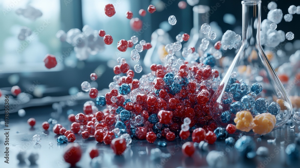 Poster Innovative polymers science experiment laboratory scientific visuals academic setting close-up material science technology