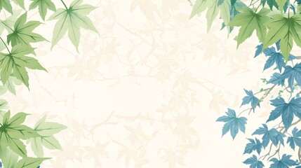 Vibrant green and blue leaves frame a soft, neutral background.