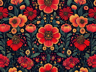 Orange Boho Seamless Pattern Flower Floral Colorful Green Wallpaper Background Boho Bohemian 
