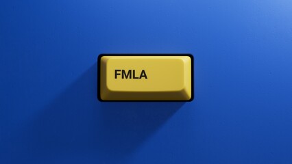 FMLA word written on yellow button with copy space.close up button of keyboard,Business Concept.3D rendering on blue background.