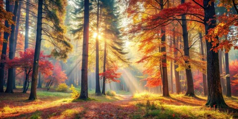 Obraz premium Autumnal Woodland Path Illuminated by Golden Sunlight, a Serene Landscape of Vibrant Fall Foliage and Majestic Trees