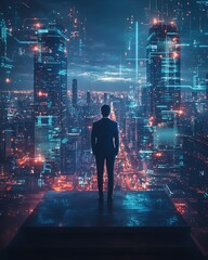 Smart city business concept, a businessman standing on a stone podium with digital city icons, Bangkok skyline in the distance, futuristic lighting, ultrarealistic, 8K quality