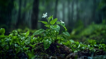 Natural transpiration cycle of plants forest photography rainy environment close-up serene representation