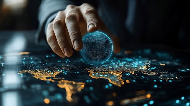 Hand rotating digital globe on futuristic screen