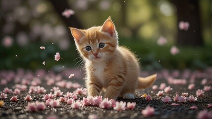 computer wallpaper cute cat, Tiny orange kitten playing with falling cherry blossom petals

