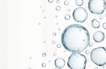 Transparent circles, bubbles float on white background. Look like liquid gel. Suggest skincare product like serum lotion. Light blue light gray. Image close-up. Highlights texture, clarity of product.