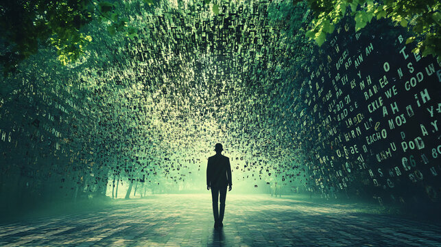 An abstract human figure walking through a forest of letters, with trees and leaves made of words from different languages, symbolizing the journey of language acquisition. 
