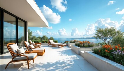 Fototapeta premium Spacious outdoor terrace with comfortable wooden loungers, vibrant orange and purple flowers, a tranquil sea view, and lush greenery surrounding the area, offering a serene escape and a peaceful atmos