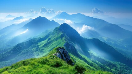 Obraz premium A breathtaking mountain landscape with lush greenery and misty peaks under a clear sky.