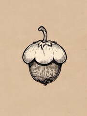 Acorn Illustration: A detailed ink drawing of a single acorn against a beige background. Perfect for autumnal designs, nature-themed projects, or rustic aesthetics.