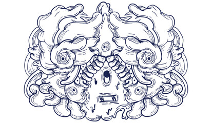 Doodle art pattern design in black and white brush style. It shows odd creatures interacting to give shape to new ones. The seamless design aligns in a mirrored way following two symmetrical axes