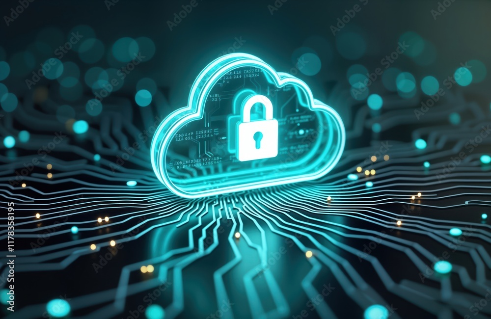 Aufkleber glowing cloud with padlock hovers over circuit board. modern tech illustration shows secure cloud co