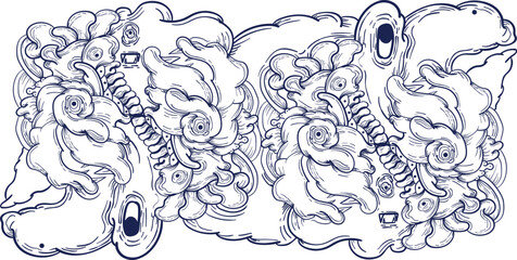 Doodle art pattern design in black and white brush style. It shows odd creatures interacting to give shape to new ones. The seamless design aligns in a mirrored way following two symmetrical axes