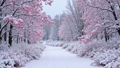 Beautiful landscape depicting the meeting of spring blossoms and winter snow, tranquil atmosphere, copy space