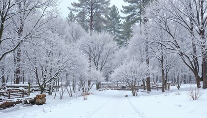 Serene winter landscape with snow-covered trees and quiet path showing meeting of spring and winter, calm atmosphere of early spring, copy space