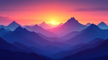 Fototapeta premium A serene sunset over layered mountains, showcasing vibrant colors and tranquil beauty.