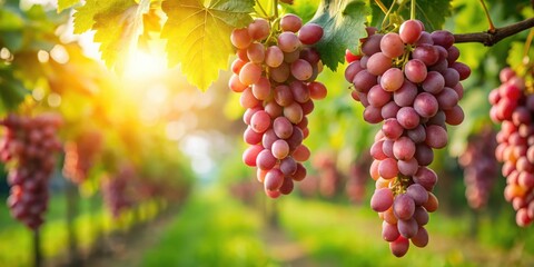 A single bunch of ripe pink grapes hangs from a vine in a lush green orchard, with sunlight filtering through the leaves , harvest