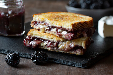 Stacked Gourmet Brie and Blackberry Jam Grilled Cheese on Sourdough Bread