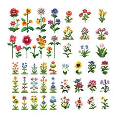 Set of flower pixel art design vector template illustration