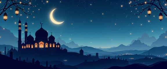 Mosque silhouette at night for Isra and Mi'raj. Ramadan, night mosque, religious poster, spiritual event, lantern light, celebration design.Sacred calm. Divine serenity. Faithful prayer. Heavenly glow