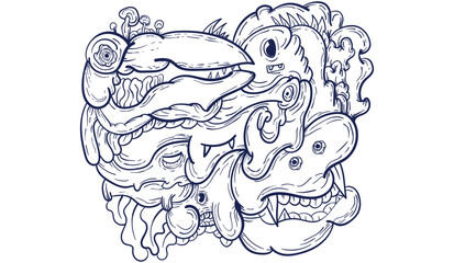 Doodle art pattern design in black and white brush style. It shows odd creatures interacting to give shape to new ones. The seamless design aligns in a mirrored way following two symmetrical axes