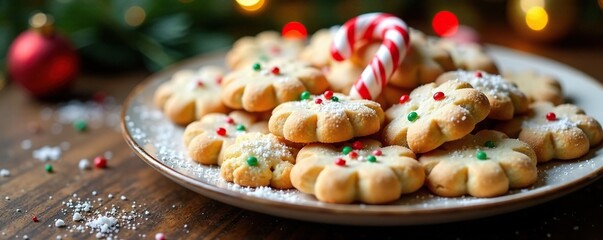 Holiday cookie platter filled with red and green candy canes, platter, holiday