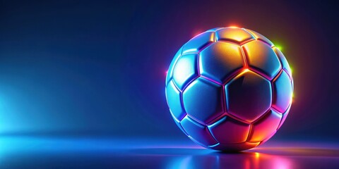 Fototapeta premium Abstract glowing neon colored soccer ball over blue background