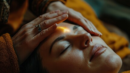Close-up of healer’s hands, touching person’s face, concept of holistic healing