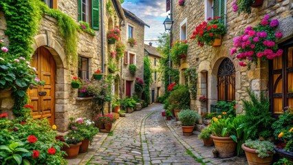 Fototapeta premium Narrow cobblestone street lined with old stone buildings and ornate facades