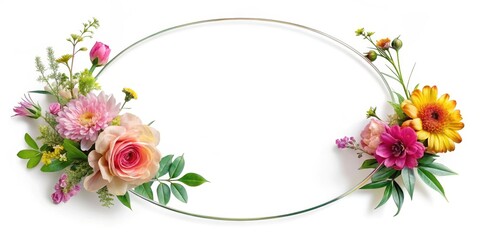 Obraz premium Delicate glass frame in a subtle curve surrounds a vibrant floral arrangement on a transparent background, capturing its beauty from above, transparent, flowers