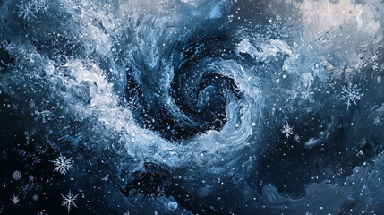An abstract interpretation of a blizzard, with swirling snowflakes and icy patterns creating a sense of movement and chaos against a dark winter backdrop. 