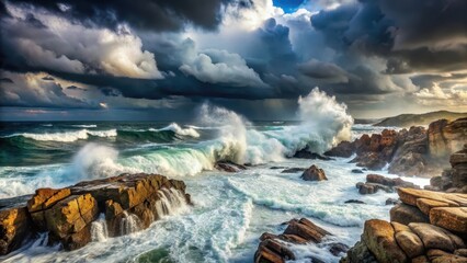 Fototapeta premium Powerful Atlantic Ocean waves crash against a rugged rocky coastline during a fierce storm, with dark clouds and heavy rain in the background , rocky coastline, seawaves atlantic ocean stormy weather