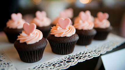 Delicious vegan cupcakes with pink frosting and heart shaped toppers, perfect for celebrations