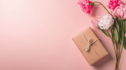 Craft paper wrapped gift with pink flowers on soft pink background, promoting elegant and minimalist Valentine’s Day gifts