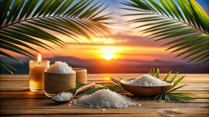 Obraz premium Softly glowing bath salt and palm leaf arrangement on a wooden table at sunset, ambiance, relaxation, ambiance