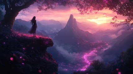 A serene landscape featuring a silhouette against a vibrant sunset.