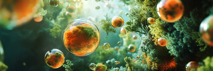 An abstract interpretation of a conference focused on environmental science, with vibrant representations of forests, oceans, and climate data floating around.  