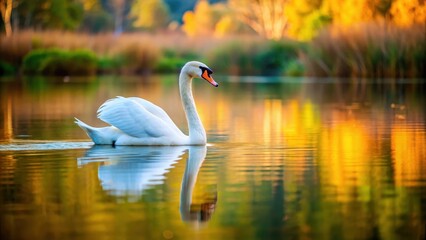 Fototapeta premium Swan swims in serene lake, lake, serene, lake, serene, feathers, bird, water, tranquility, landscape, reflection