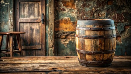 Fototapeta premium Rusty wooden barrel against a worn