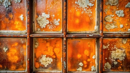 Mold on old windowpane, with vibrant orange hues and white spots, forming a unique and intricate pattern , fungus, botanical