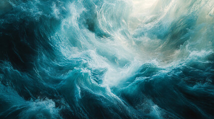 An abstract interpretation of an underwater storm, with swirling colors and turbulent waves depicting the power and beauty of the ocean in motion.  