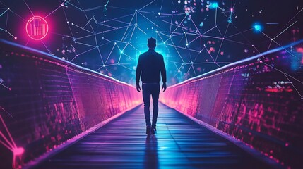 Man walking futuristic neon bridge, digital network.