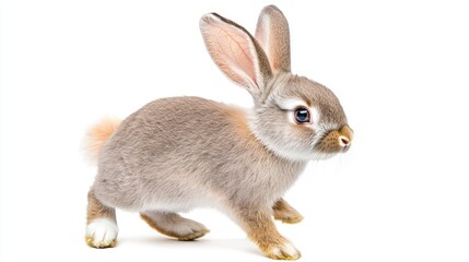 Obraz premium A cute gray rabbit hopping playfully on a white background.