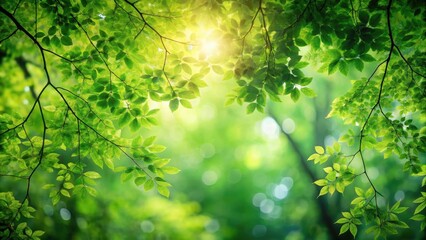 Forest canopy with green bokeh background