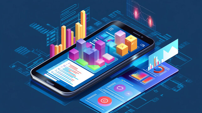 Smartphone with Business Graph Analytics Data and Isometric Design for Software Development and Trend Analysis






