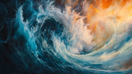 An abstract interpretation of an underwater storm, with swirling colors and turbulent waves depicting the power and beauty of the ocean in motion. 