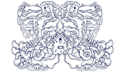 Doodle art pattern design in black and white brush style. It shows odd creatures interacting to give shape to new ones. The seamless design aligns in a mirrored way following two symmetrical axes
