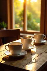 Wooden table with empty coffee cups in the morning light, wood, sunrise, table