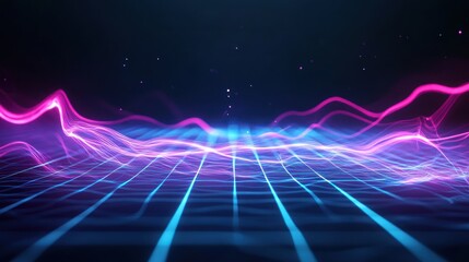 Fototapeta premium Abstract digital waves in vibrant colors over a grid background.