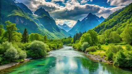 Fototapeta premium Serene river flowing through a lush green valley surrounded by towering mountains and dense foliage, valley